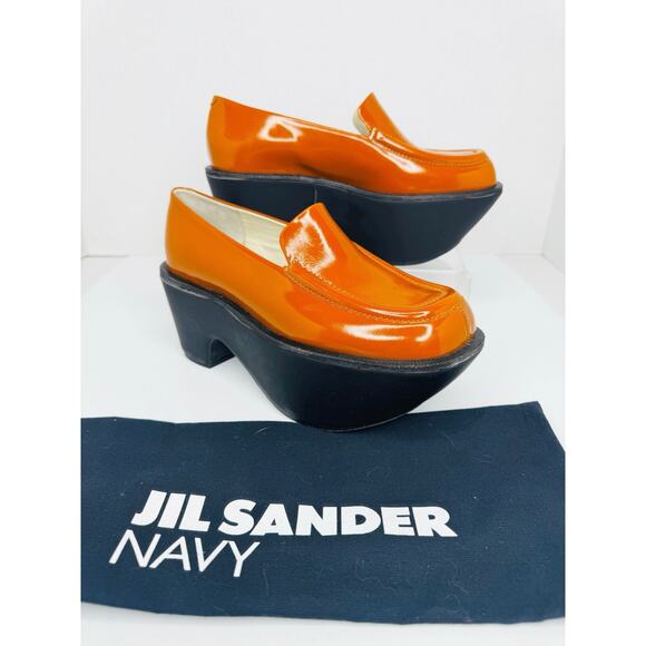 Jil Sander Navy Shoes - Jil Sander Orange Leather Sculptural Platform Loafers Bold Slip On Size EU 36